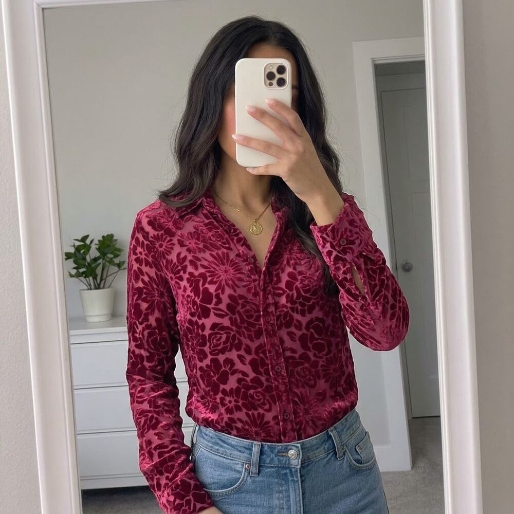 C.L.O.T.H.E.S. Pink Velvet Burnout Floral Button Up Top Whimsigoth Y2K Grunge L